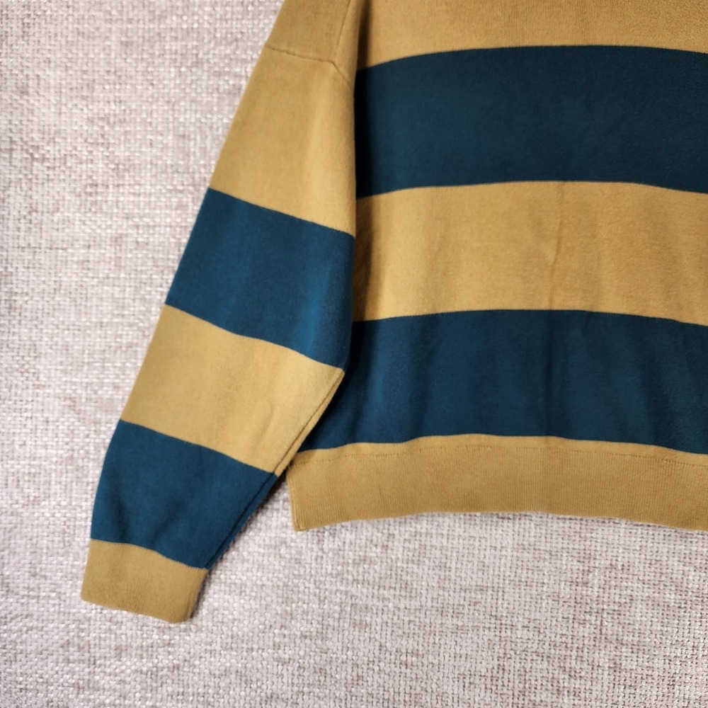 Uniqlo Smooth Cotton Relaxed Polo Sweater Womens M Gold Teal Stripe Crop Preppy - Picture 9 of 11